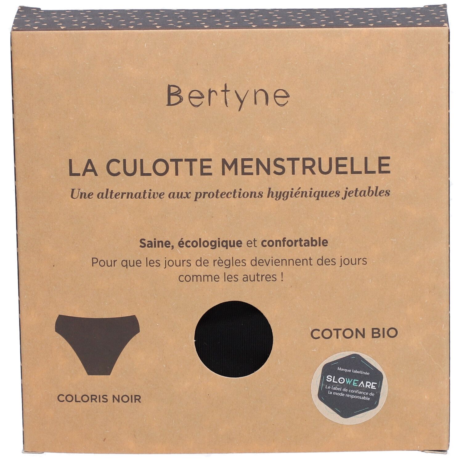 Boîte BERTYNE. Culotte menstruelle noire. Texte: Coton bio, Coloris noir. Alternative aux protections hygiéniques jetables.