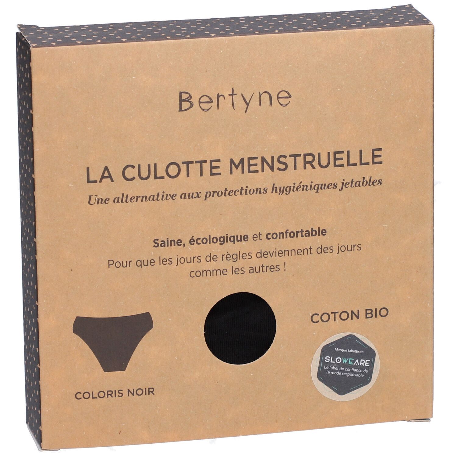 Boîte BERTYNE. Culotte menstruelle noire. Texte: Coton bio, Coloris noir. Alternative aux protections hygiéniques jetables.
