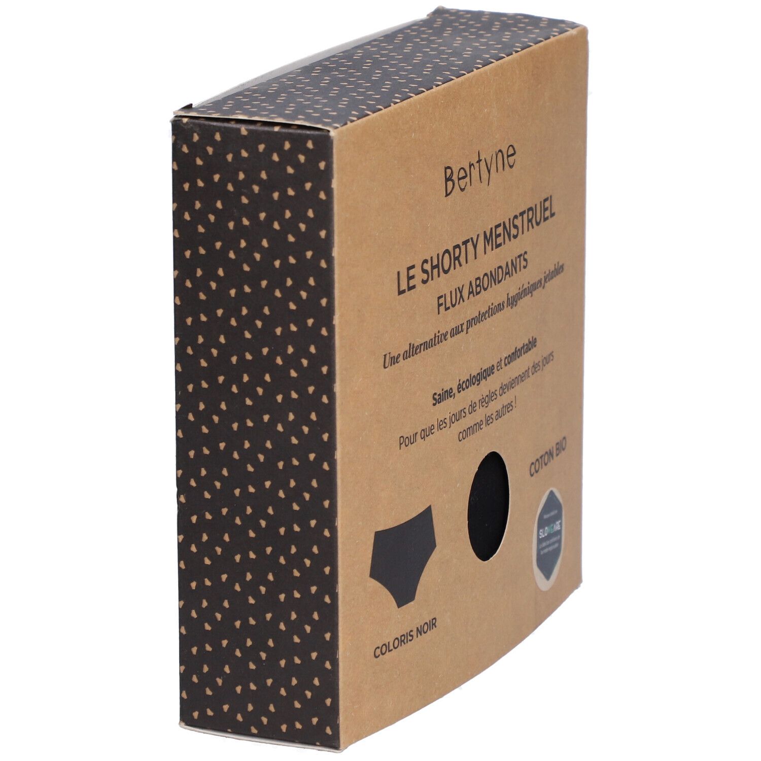 Verpackung von BERTYNE Menstruations-Shorty. Seitenansicht. Schwarze Unterwäsche-Silhouette und Produktinformationen.