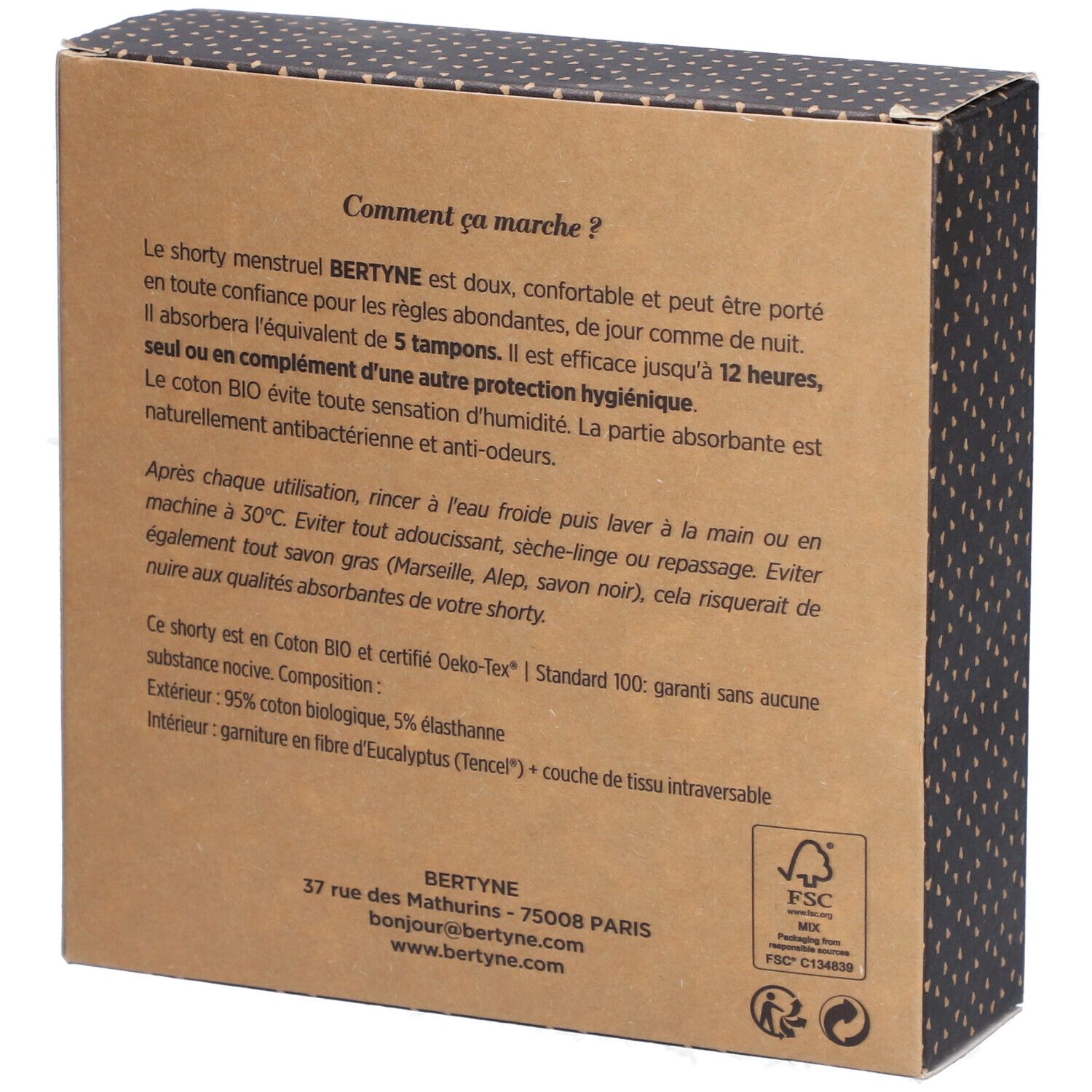 Rückseite der BERTYNE Menstruations-Shorty Verpackung. Text über Produktmerkmale, Zusammensetzung und Zertifizierungen.