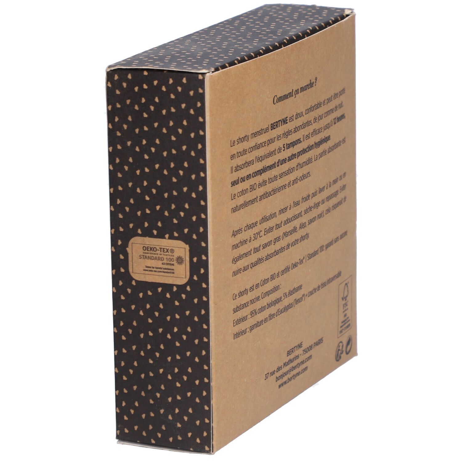 Rückseite der BERTYNE Menstruations-Shorty Verpackung. Text über Produktmerkmale, Zusammensetzung und Zertifizierungen.
