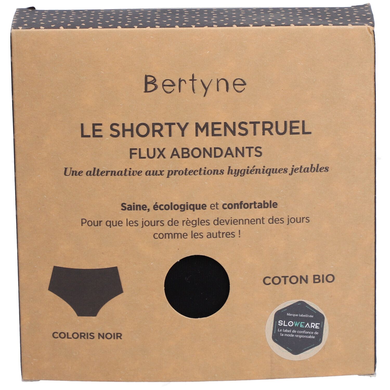 Verpackung von BERTYNE Menstruations-Shorty. Schwarze Unterwäsche-Silhouette und Produktinformationen auf der Verpackung.