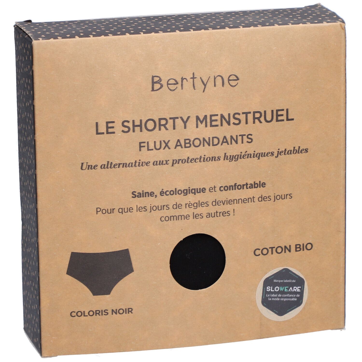 Verpackung von BERTYNE Menstruations-Shorty. Schwarze Unterwäsche-Silhouette und Produktinformationen auf der Verpackung.