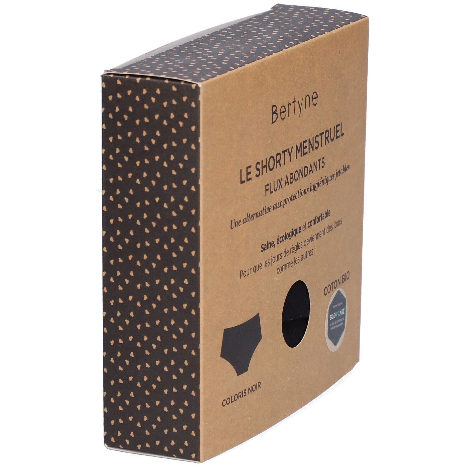 Verpackung von BERTYNE Le Shorty Menstruel. Braune Schachtel, schräg. Produktname und Illustrationen. Bio-Baumwolle, Farbe Schwarz.