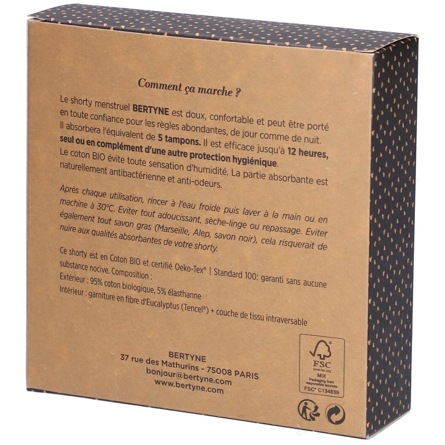 Rückseite der BERTYNE Le Shorty Menstruel Verpackung. Textinformationen, FSC-Logo, Öko-Tex-Zertifizierung. Braune Schachtel.