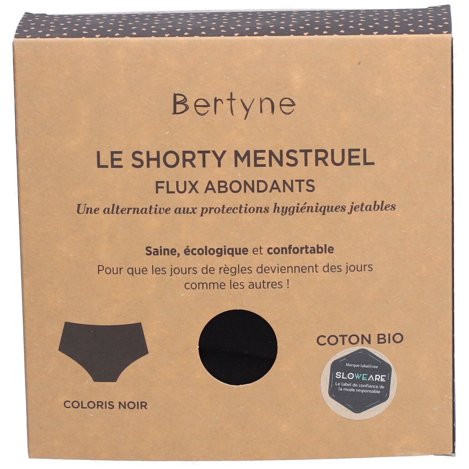 Verpackung von BERTYNE Le Shorty Menstruel. Braune Schachtel mit Produktname und Illustrationen. Bio-Baumwolle, Farbe Schwarz.