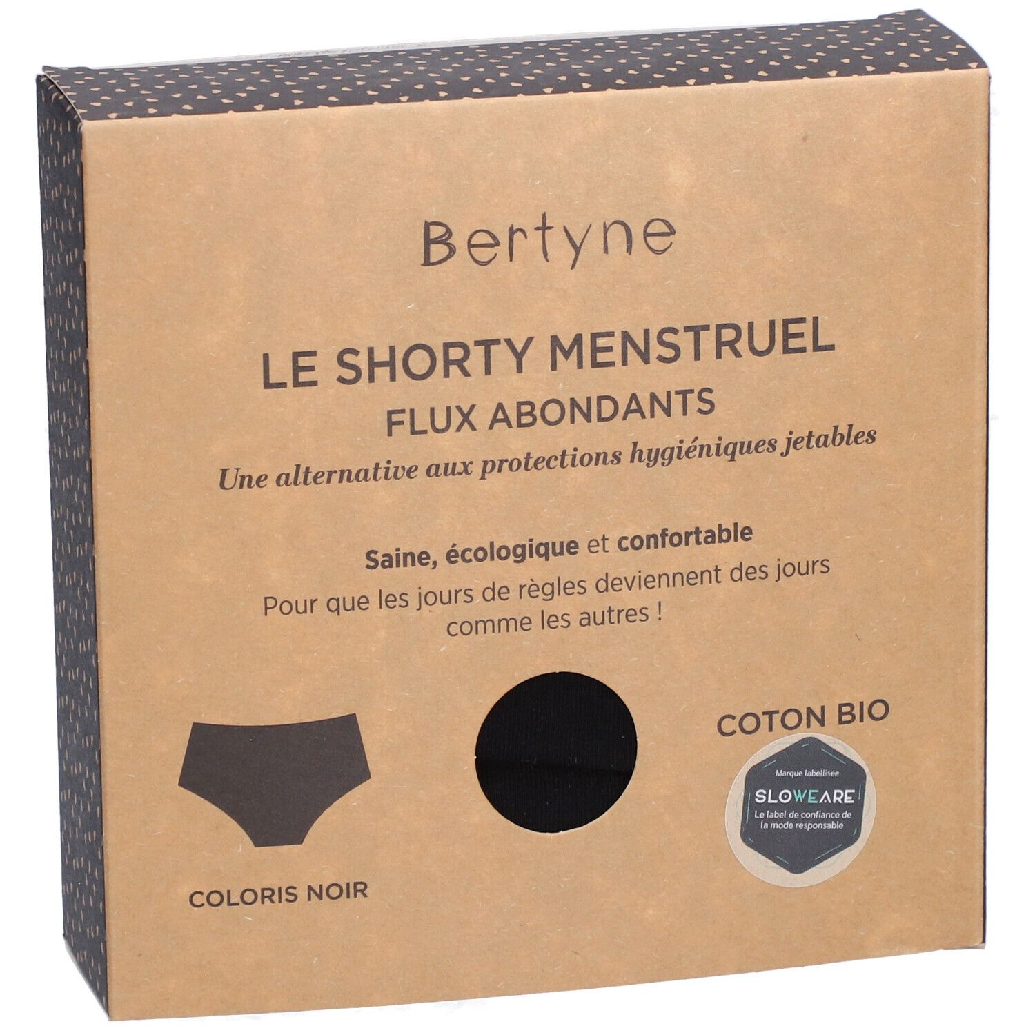 Verpackung von BERTYNE Le Shorty Menstruel. Braune Schachtel mit Produktname und Illustrationen. Bio-Baumwolle, Farbe Schwarz.