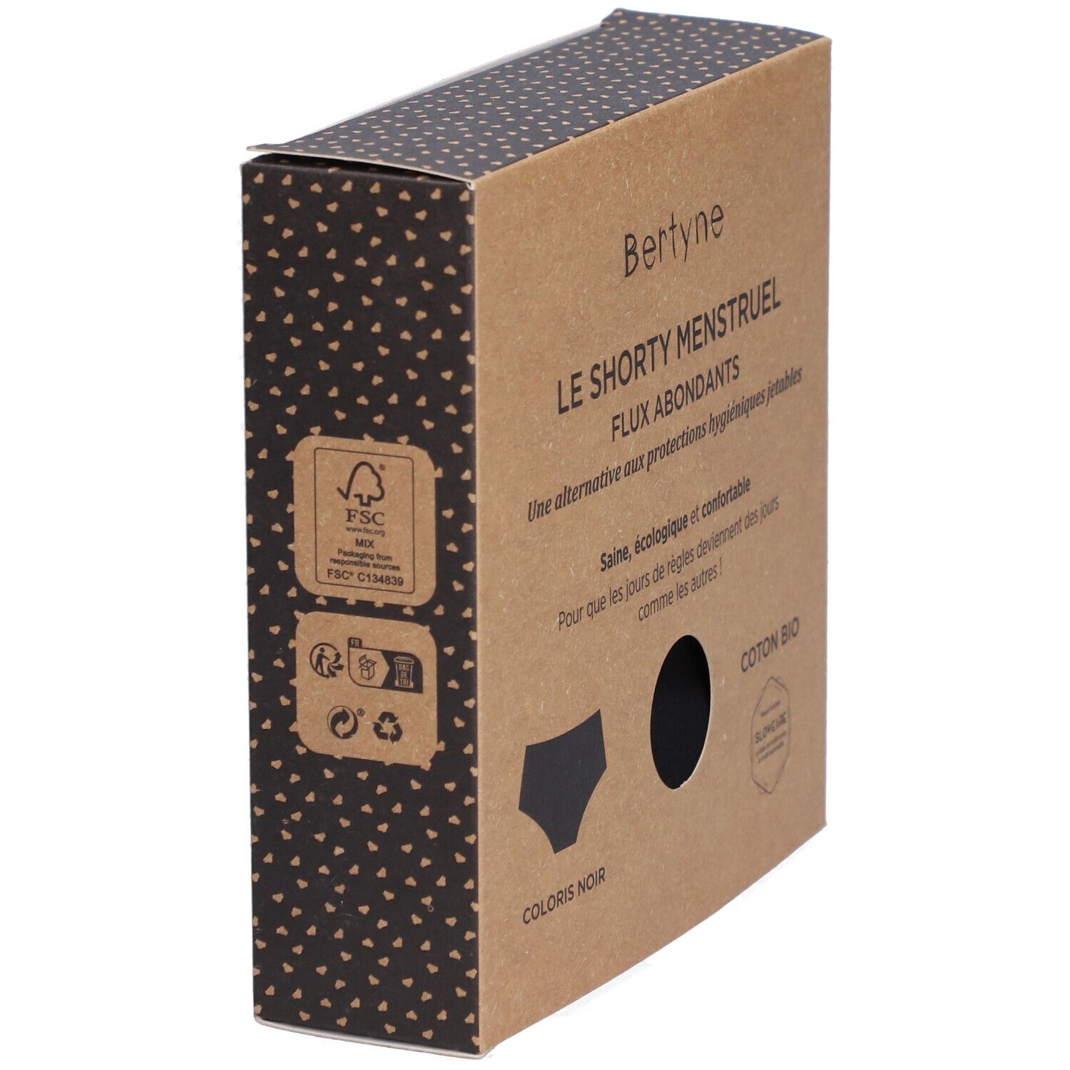 Karton BERTYNE, Seite mit FSC-Logo, Illustration Shorty, Text: Coton Bio, Flux abondants. Schwarze Punkte.