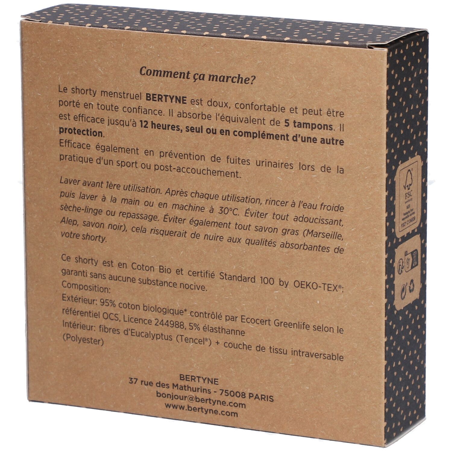Rückseite der BERTYNE-Box. Text: Wie funktioniert es? Zusammensetzung, Zertifizierungen, Adresse. Schwarze Punkte.