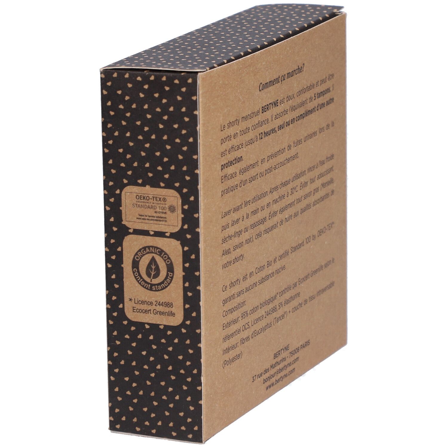 Seite der BERTYNE-Box mit Text und Zertifizierungen. Text: Wie funktioniert es? Oeko-Tex, Organic 100.