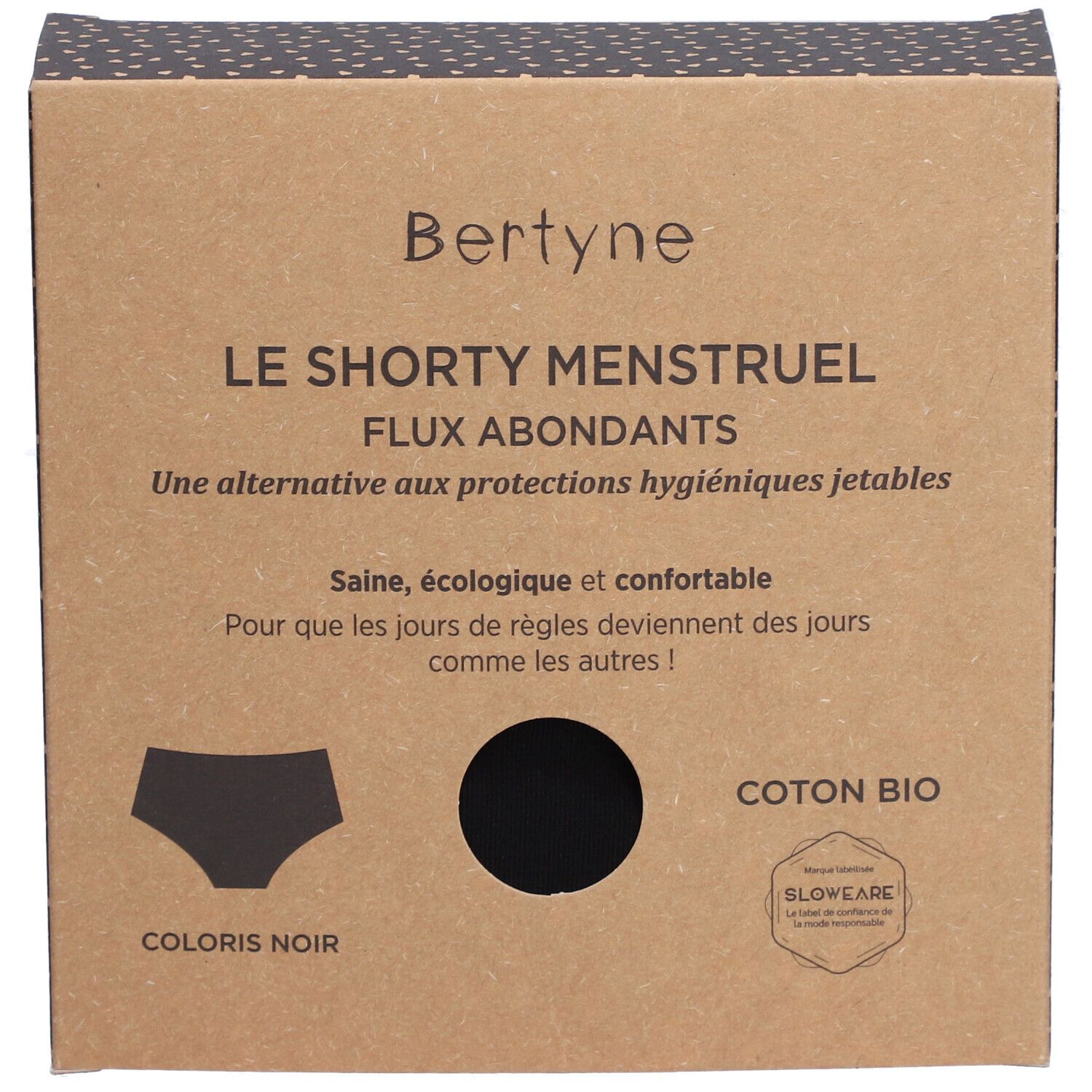 Karton BERTYNE Shorty Menstruel, schwarze Unterwäsche-Illustration, Text: Coton Bio, Flux abondants. Logo Slowear.