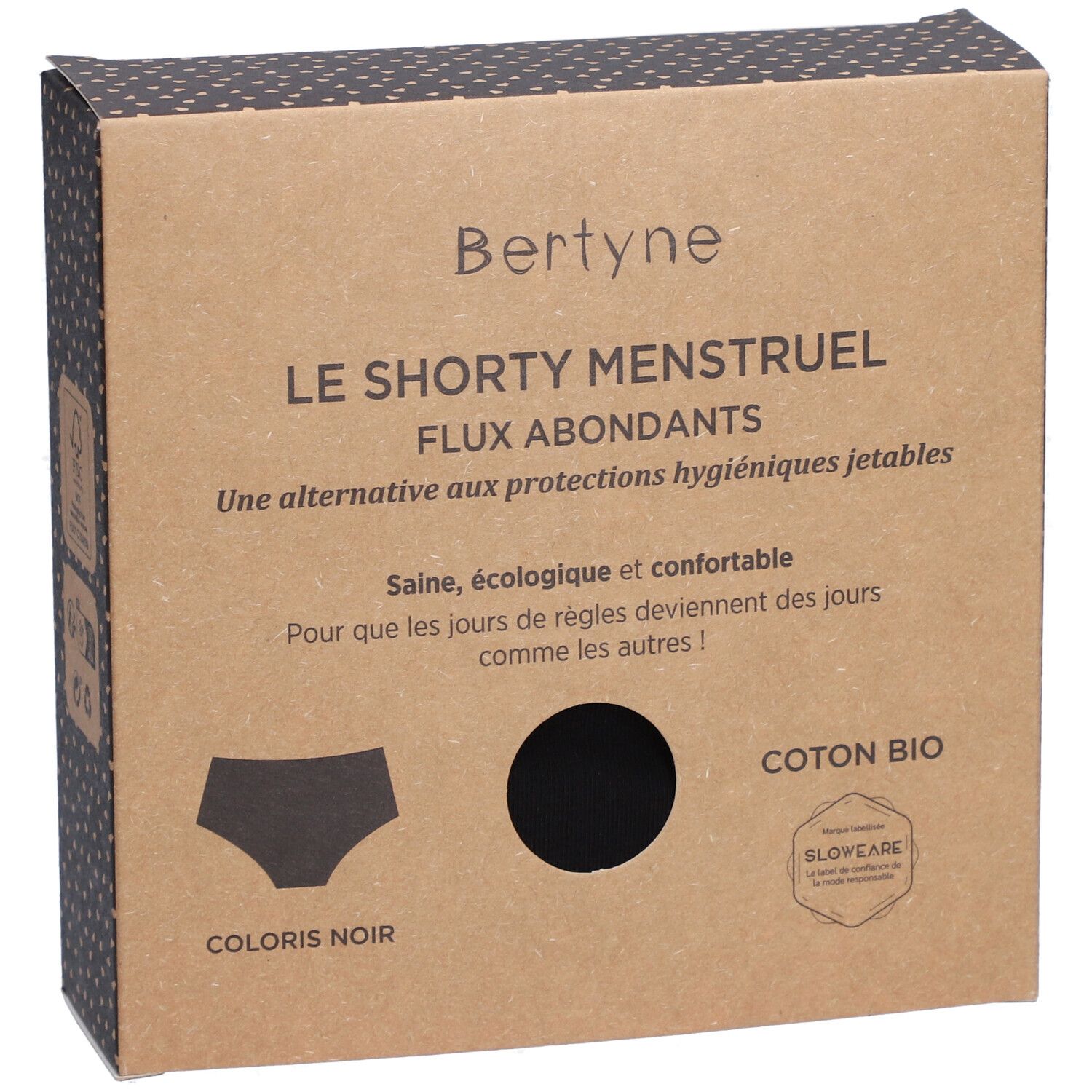 Karton BERTYNE Shorty Menstruel, schwarze Unterwäsche-Illustration, Text: Coton Bio, Flux abondants. Logo Slowear.