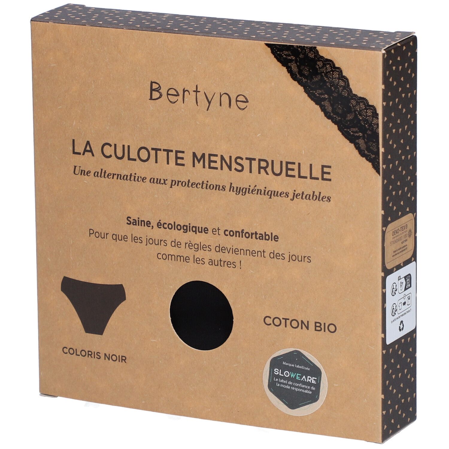 Bertyne La Culotte Menstruelle - Dentelle Coton bio - Flux moyen - Taille L - Noir