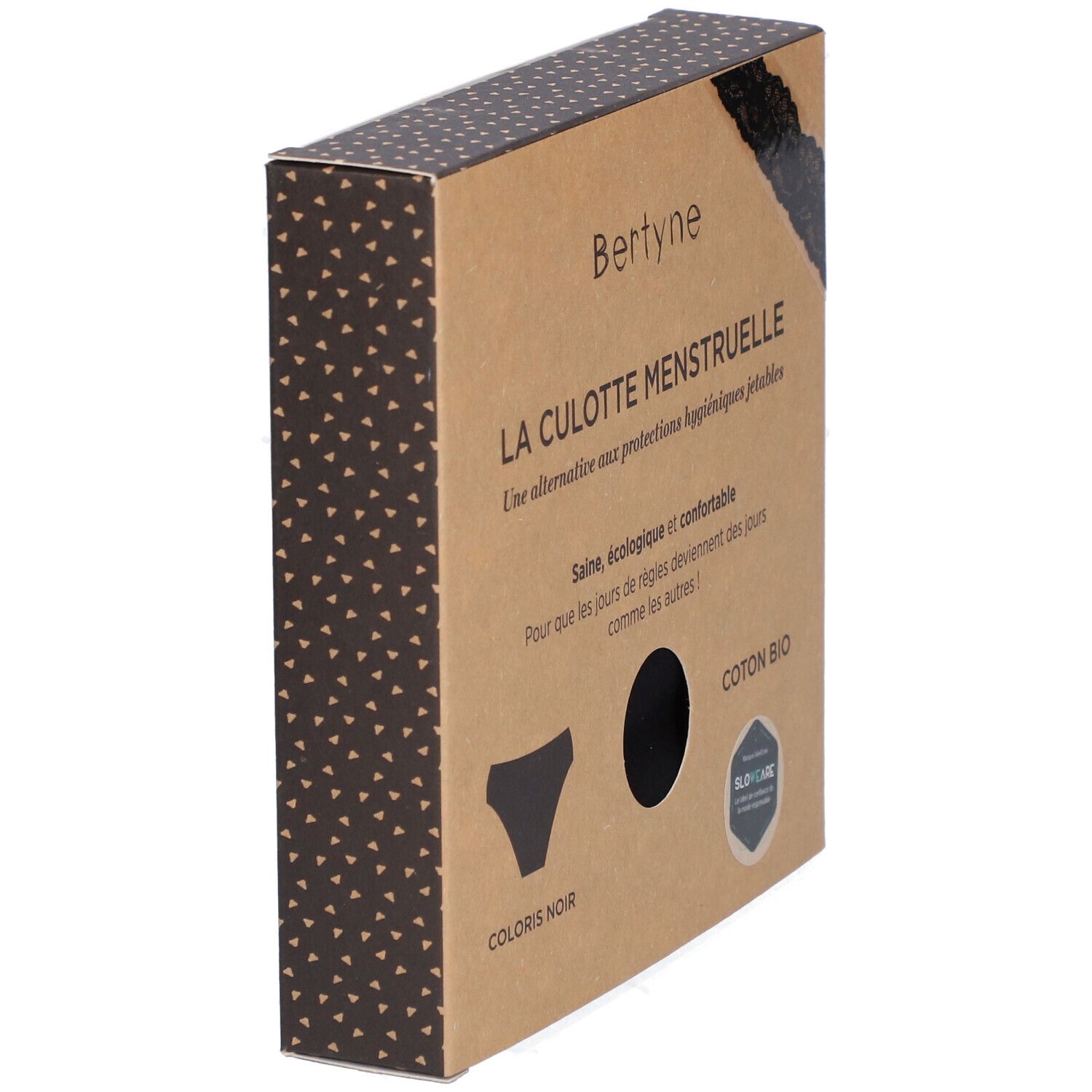 Boîte BERTYNE. Culotte menstruelle en coton bio. Angle de vue. Texte et logo Slowear. Fond avec motifs triangles.