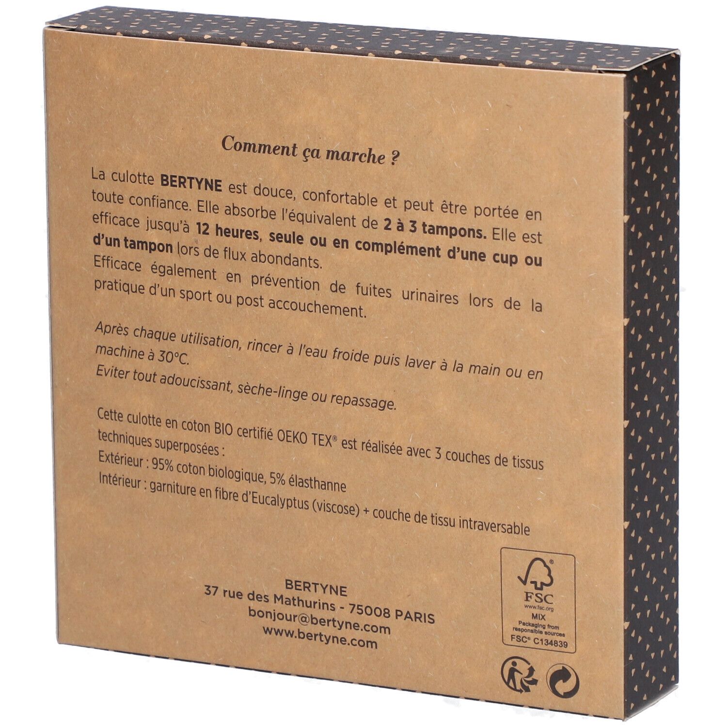 Dos de la boîte BERTYNE. Texte sur l'utilisation et la composition. Logo FSC. Informations de contact.