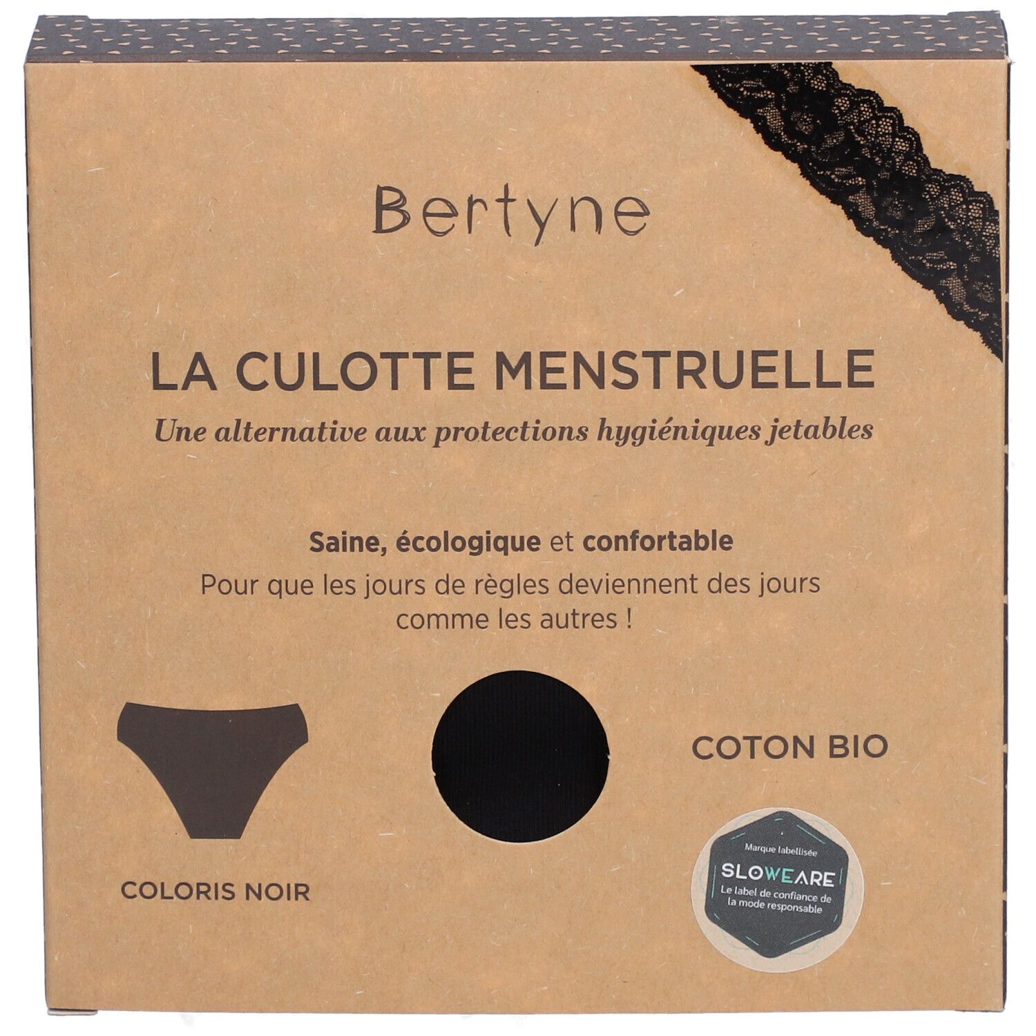 Boîte BERTYNE. Culotte menstruelle en coton bio. Couleur noire. Illustration de la culotte. Texte et logo Slowear.