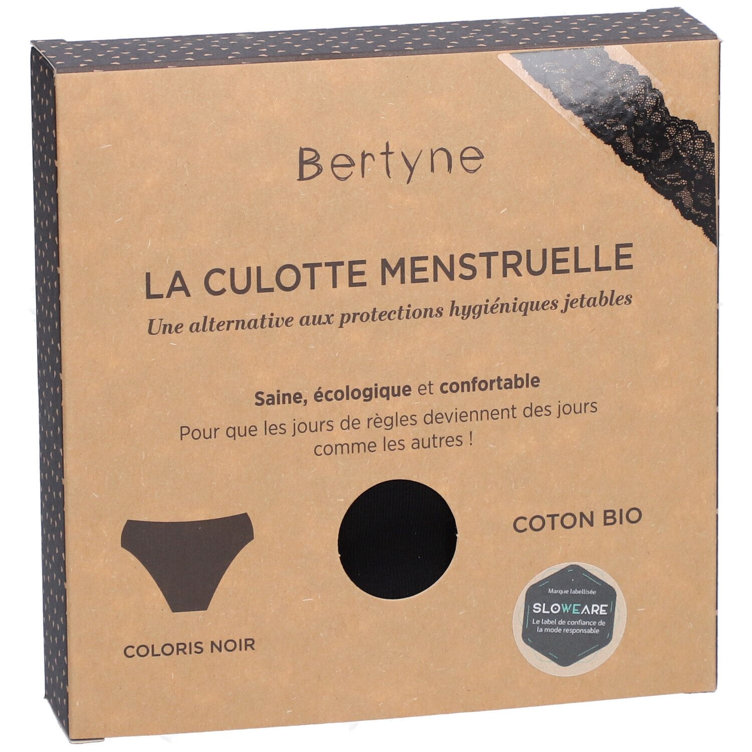 Boîte BERTYNE. Culotte menstruelle en coton bio. Couleur noire. Illustration de la culotte. Texte et logo Slowear.