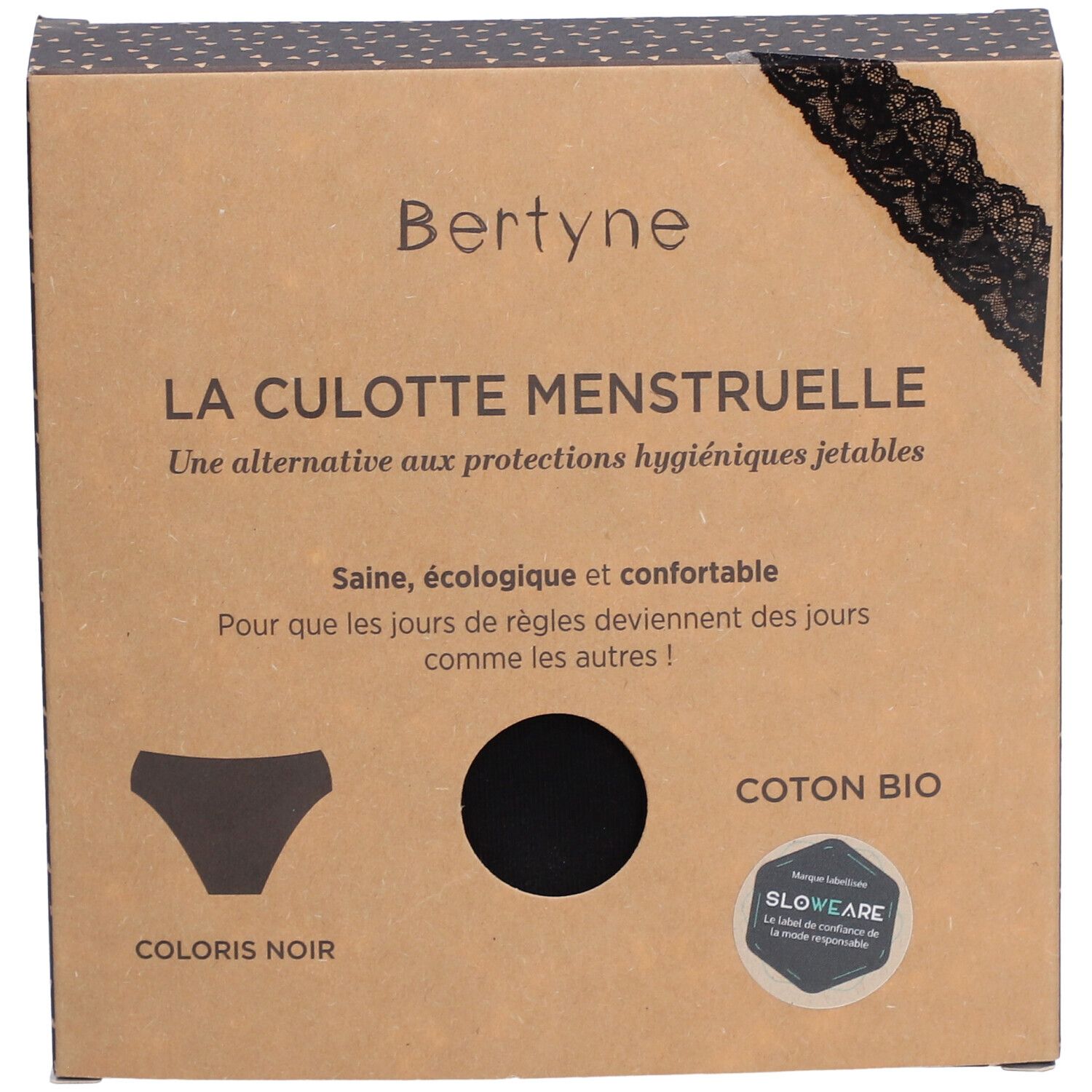 Kartonverpackung der Menstruationsunterhose. Marke Bertyne. Produktname und Details auf Französisch. Schwarze Spitze. Bio-Baumwolle.