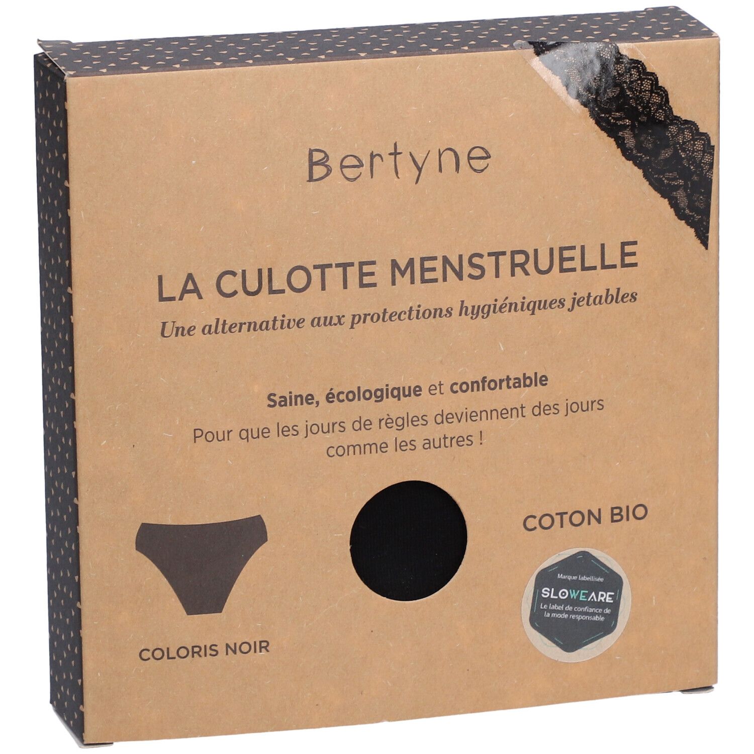 Kartonverpackung der Menstruationsunterhose. Marke Bertyne. Produktname und Details auf Französisch. Schwarze Spitze. Bio-Baumwolle.