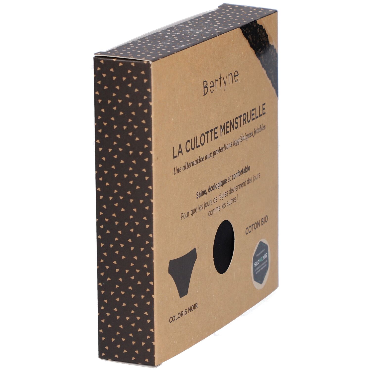 Boîte BERTYNE, vue en biais. Texte: 'Coton bio'. Culotte noire dessinée.