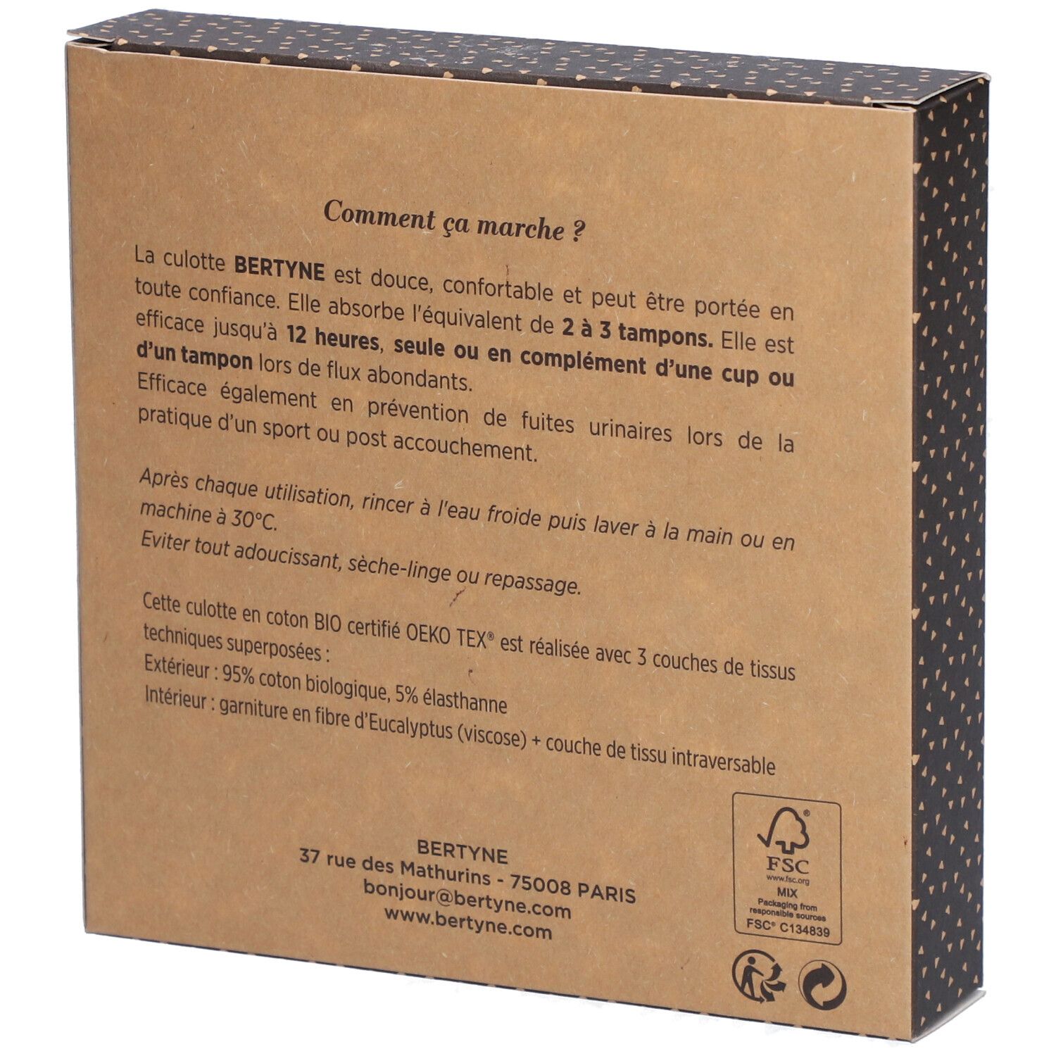 Dos de la boîte BERTYNE. Texte sur l'utilisation et la composition de la culotte menstruelle.