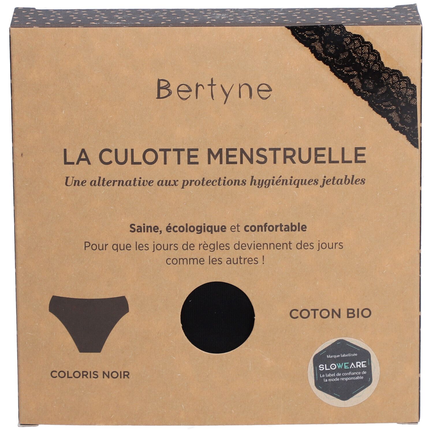 Boîte BERTYNE. Culotte menstruelle noire. Texte: 'Coton bio'.