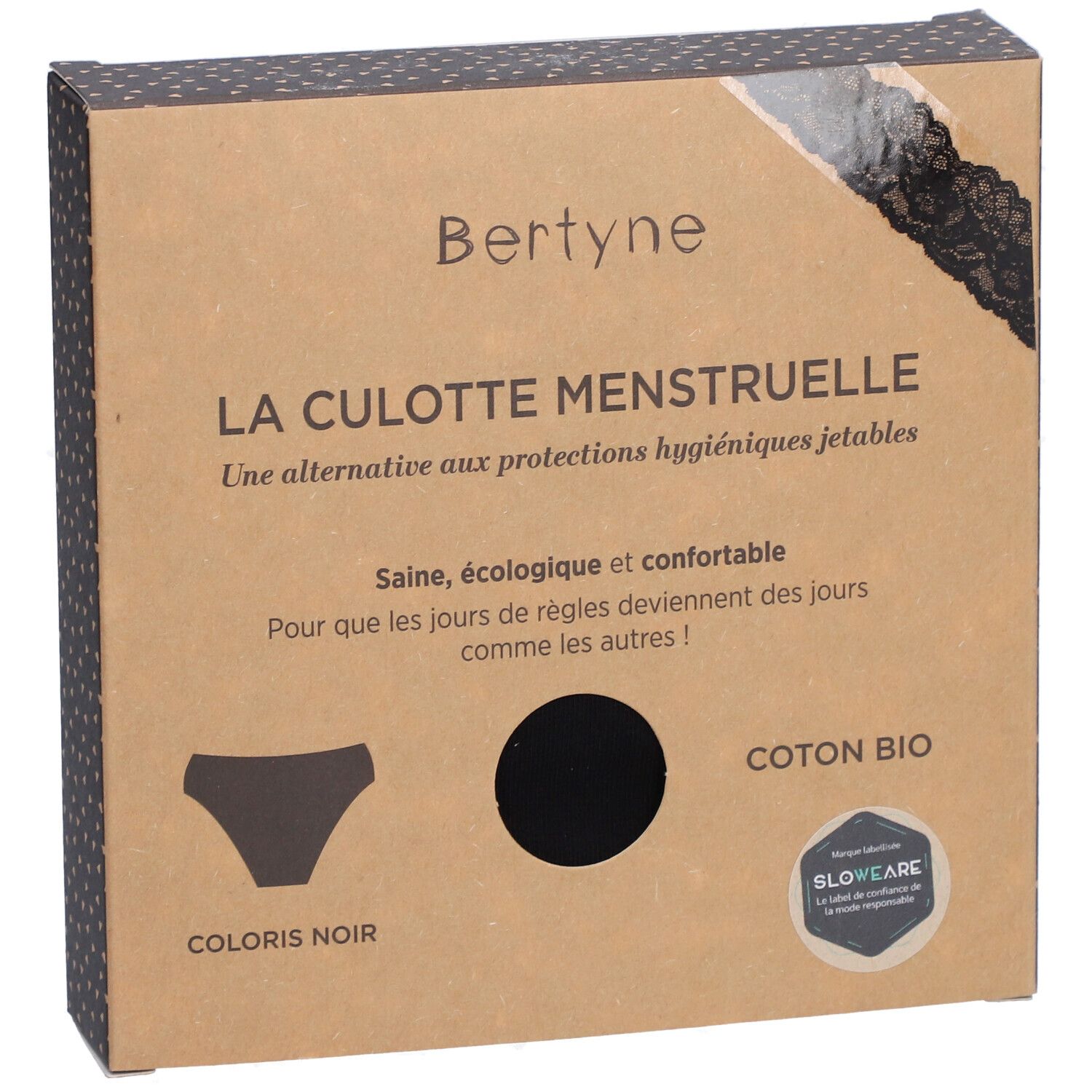 Boîte BERTYNE. Culotte menstruelle noire. Texte: 'Coton bio'.