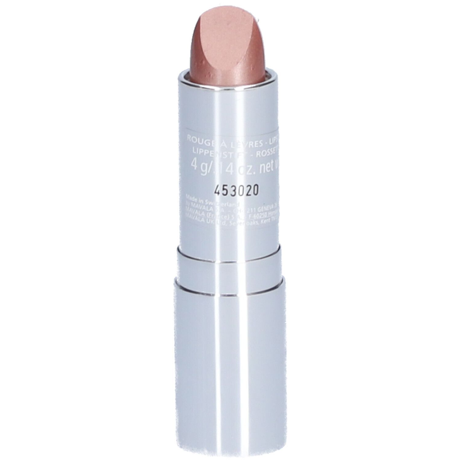 Lippenstift in silberner Hülse. Aufschrift: Rouge à lèvres, 4 g, 14 oz. net. Produkt sichtbar.