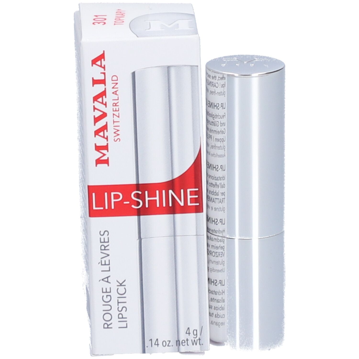 Lippenstift und Verpackung. Aufschrift: MAVALA, LIP-SHINE, 4 g. Produkt in silberner Hülse.