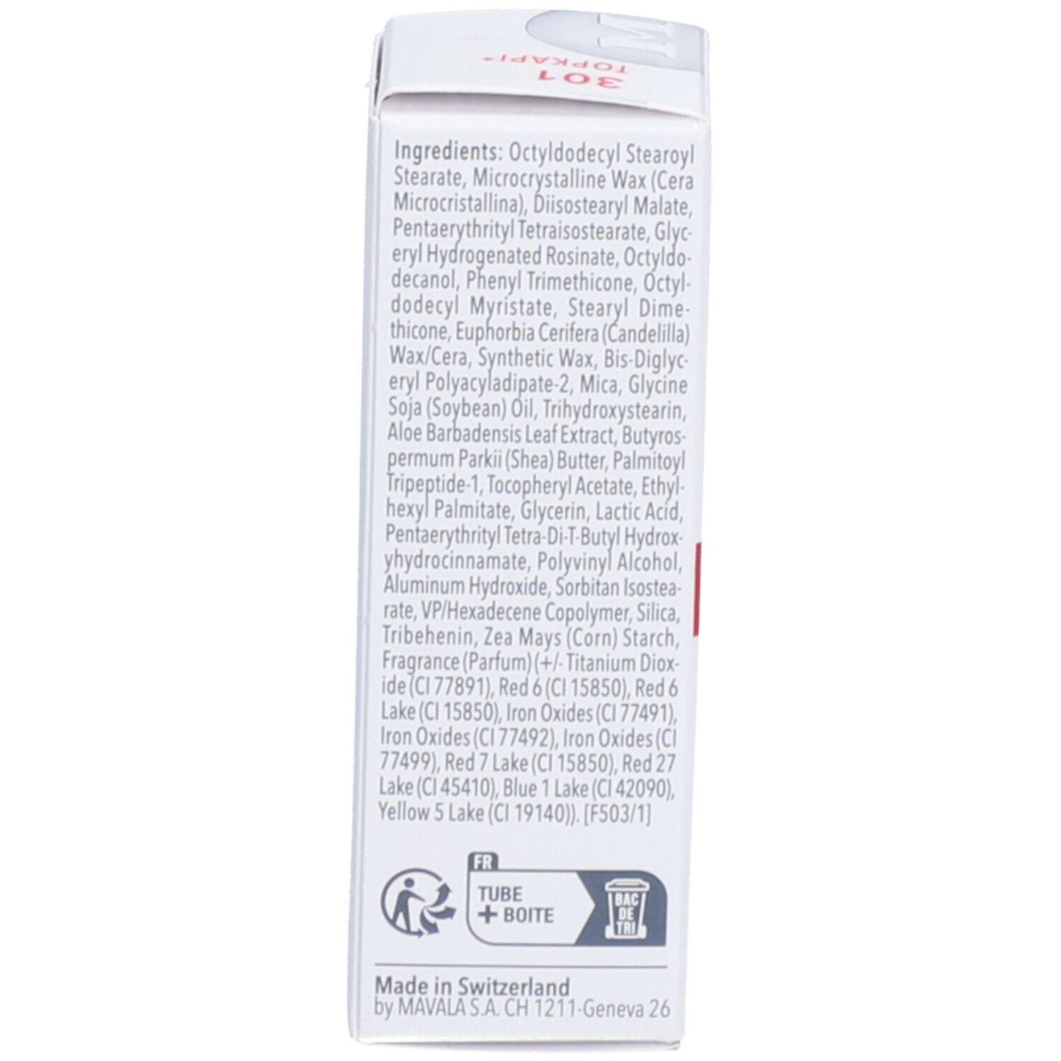 Verpackung mit Inhaltsstoffen und Text. Aufschrift: Ingredients, Made in Switzerland.