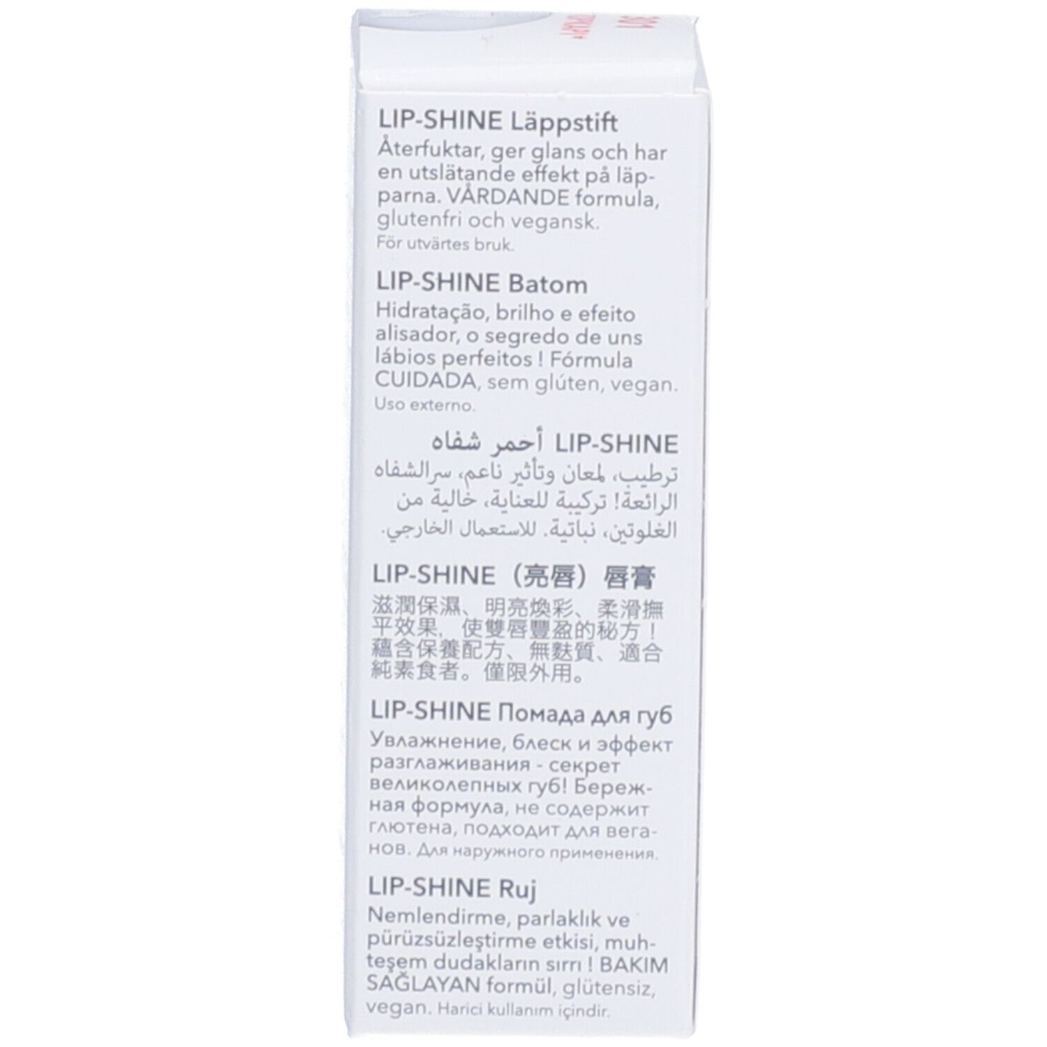 Verpackung mit Text in verschiedenen Sprachen. Aufschrift: LIP-SHINE, glutenfrei, vegan.
