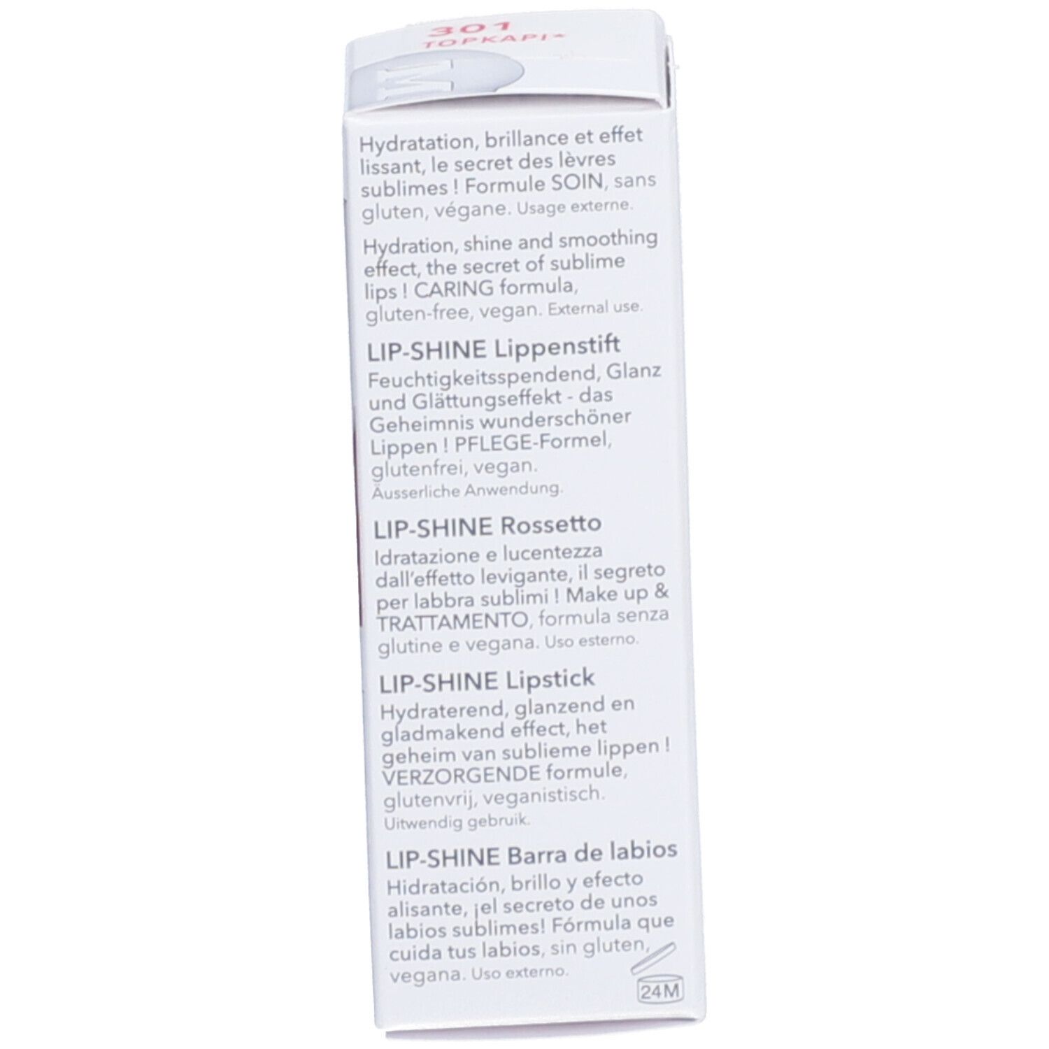 Verpackung mit Text in verschiedenen Sprachen. Aufschrift: LIP-SHINE, vegan, ohne Gluten.