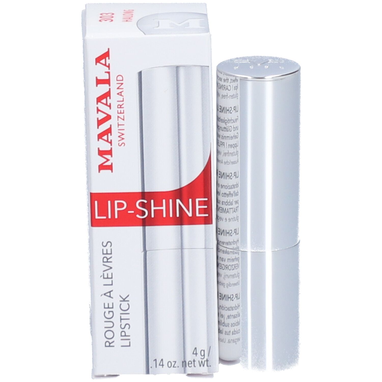 Rouge à lèvres Mavala Lip-Shine avec emballage. Le rouge à lèvres est dans une boîte blanche.