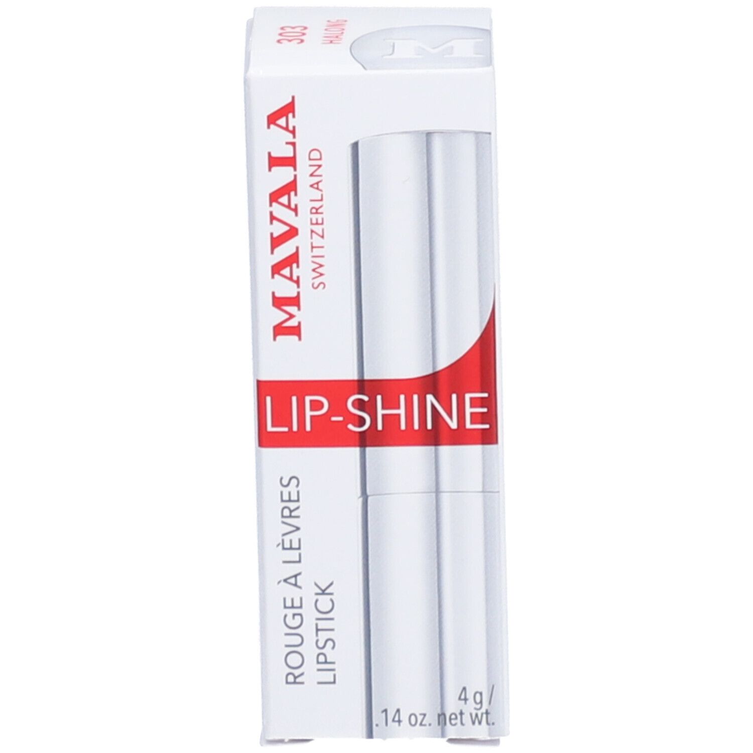 Rouge à lèvres Mavala Lip-Shine dans une boîte blanche. Le nom du produit est sur la boîte.