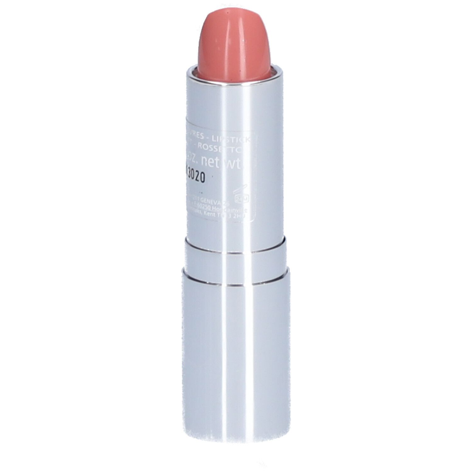 Lippenstift mit rosafarbenem Stift. Silberfarbene Hülse mit Produktinformationen. Geöffnet.