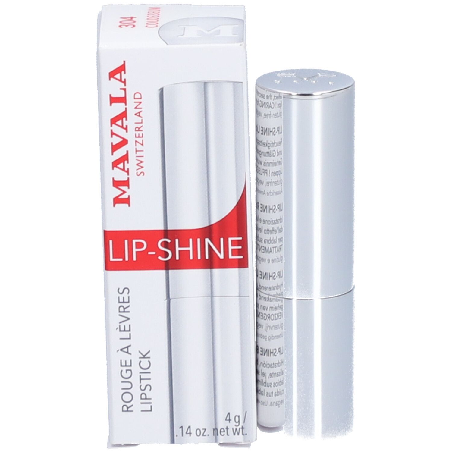 Weißer Karton mit Mavala Lip-Shine. Roter Streifen mit Produktnamen. Lippenstift daneben.