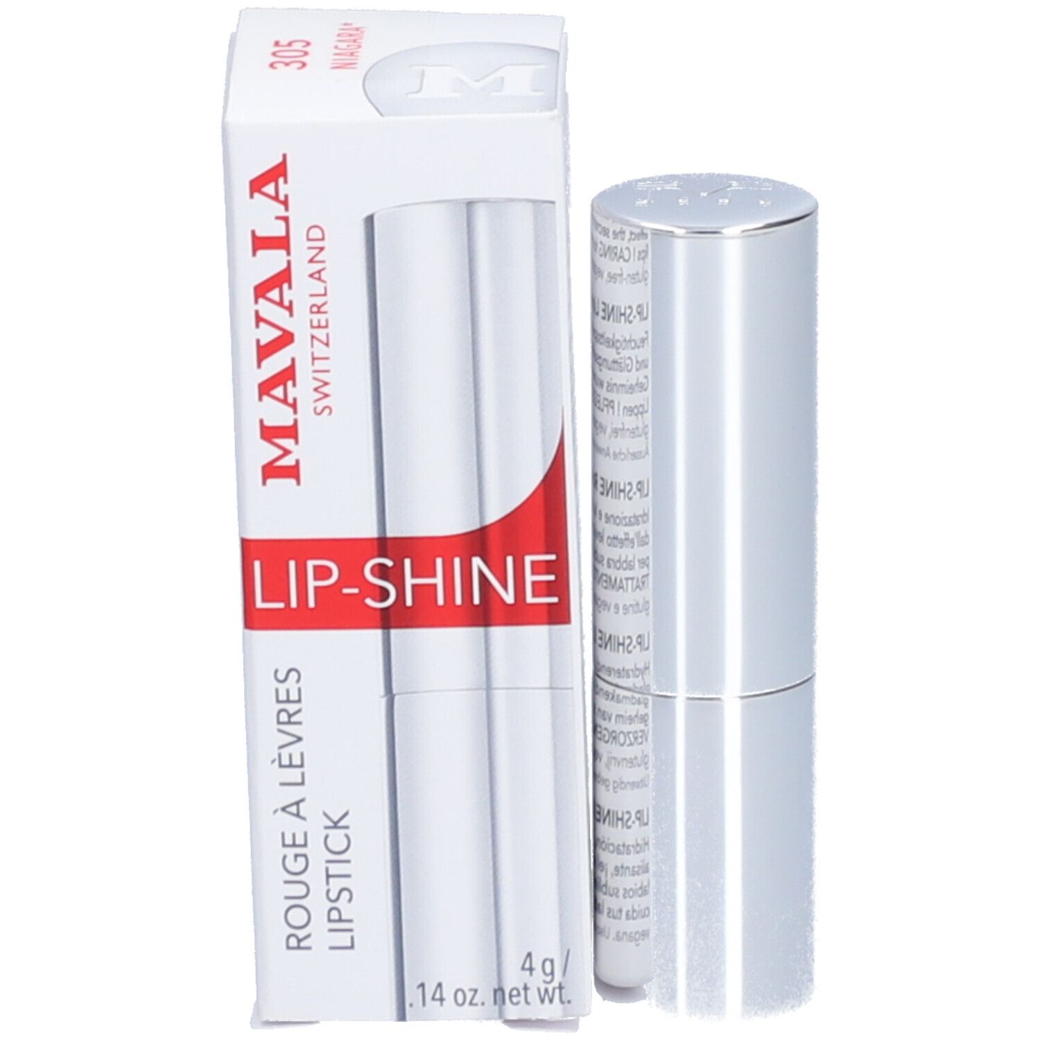 Emballage et rouge à lèvres. Emballage blanc avec accent rouge. Texte: MAVALA LIP-SHINE.