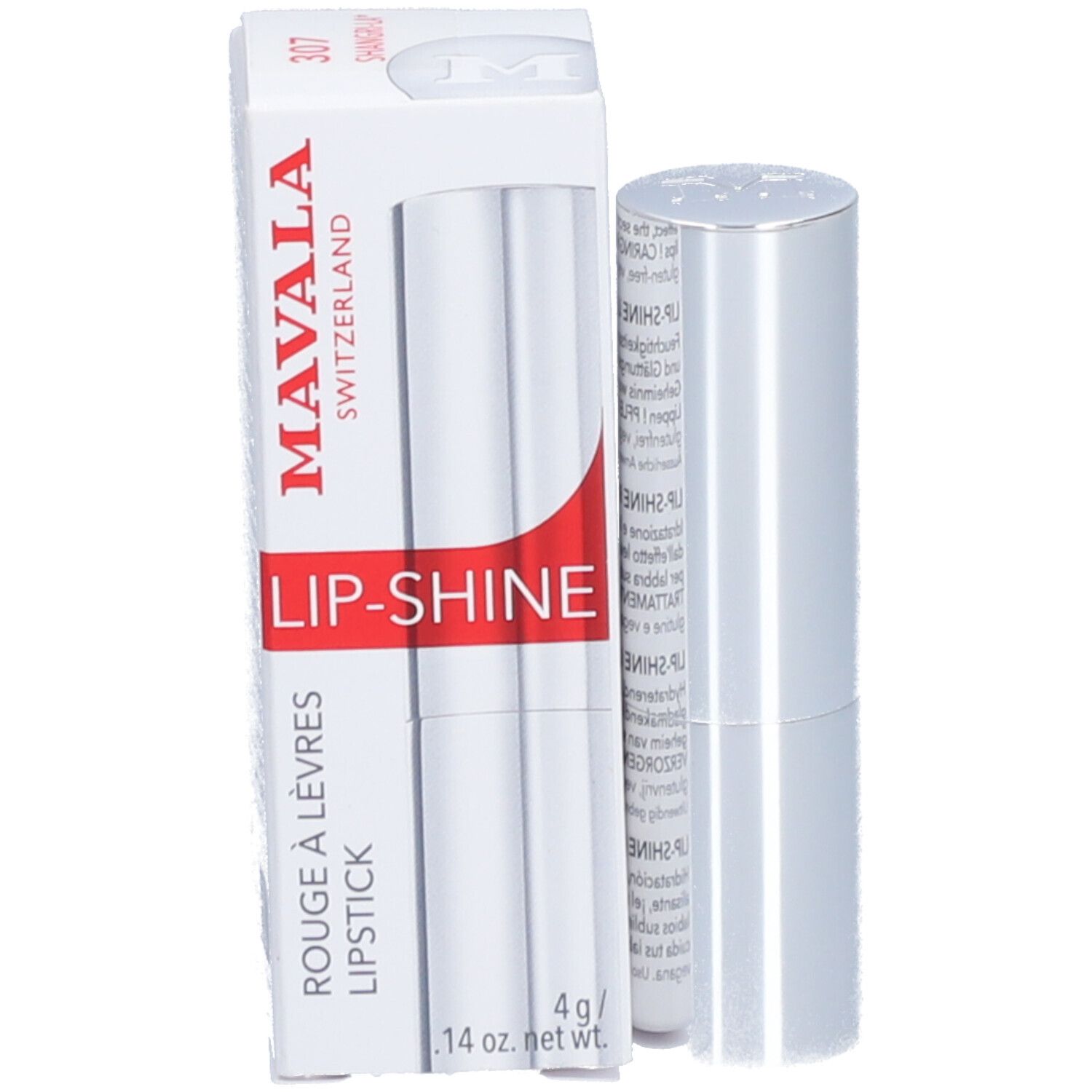 Rouge à lèvres Mavala Lip-Shine avec emballage. Boîte blanche avec accent rouge et rouge à lèvres argenté.