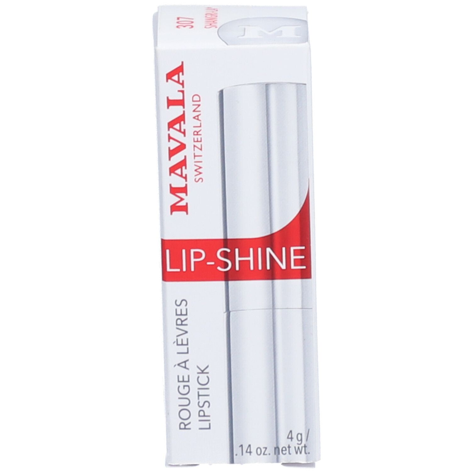 Rouge à lèvres Mavala Lip-Shine avec emballage. Boîte blanche avec accent rouge.
