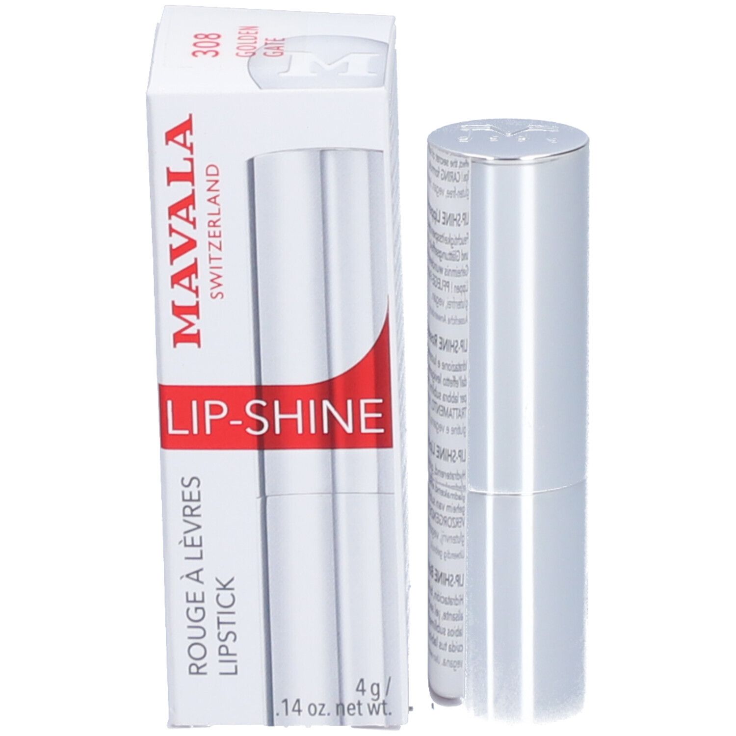Rouge à lèvres Mavala Lip-Shine Golden Gate avec emballage. Boîte blanche avec nom et logo.