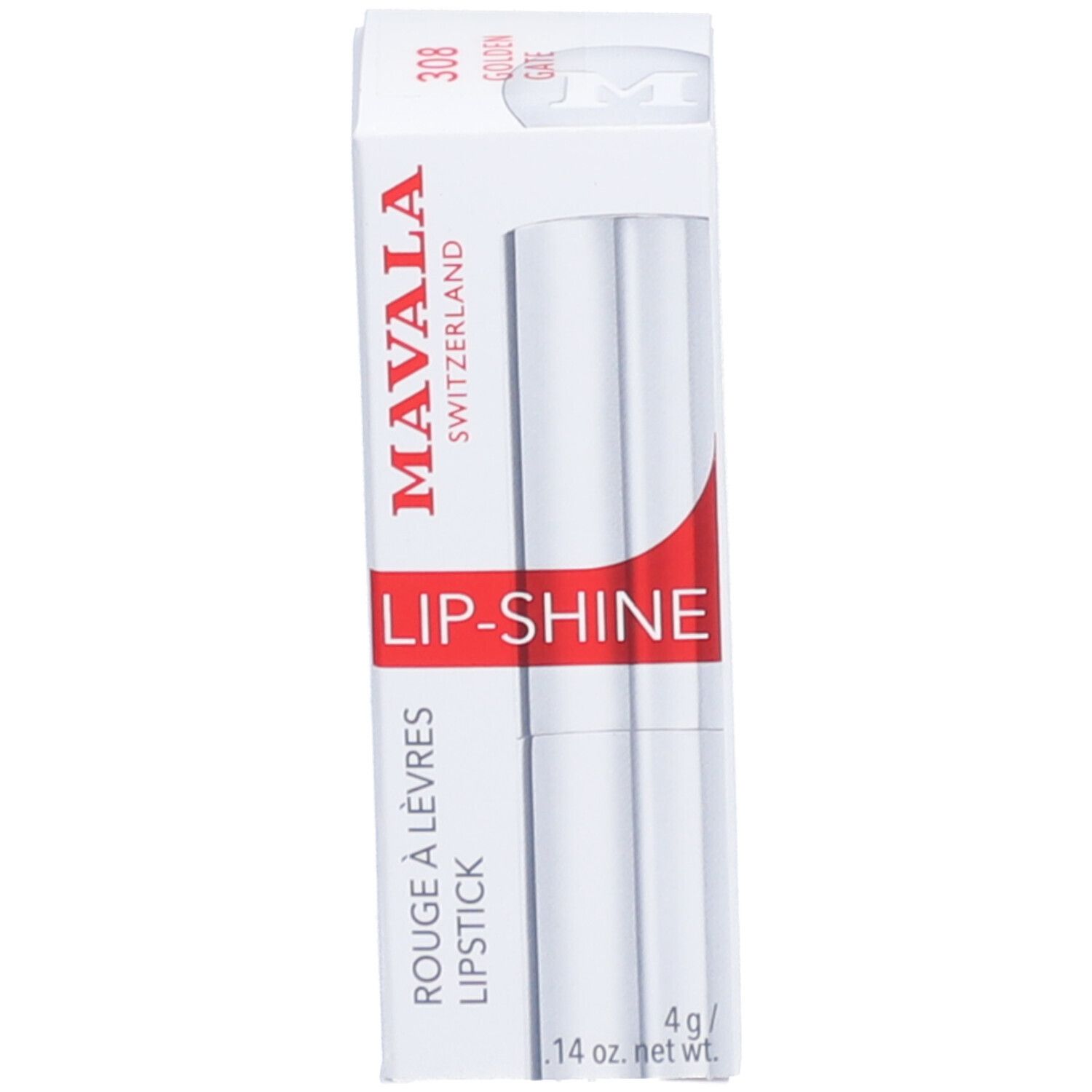 Rouge à lèvres Mavala Lip-Shine Golden Gate avec emballage. Boîte blanche avec nom et logo.