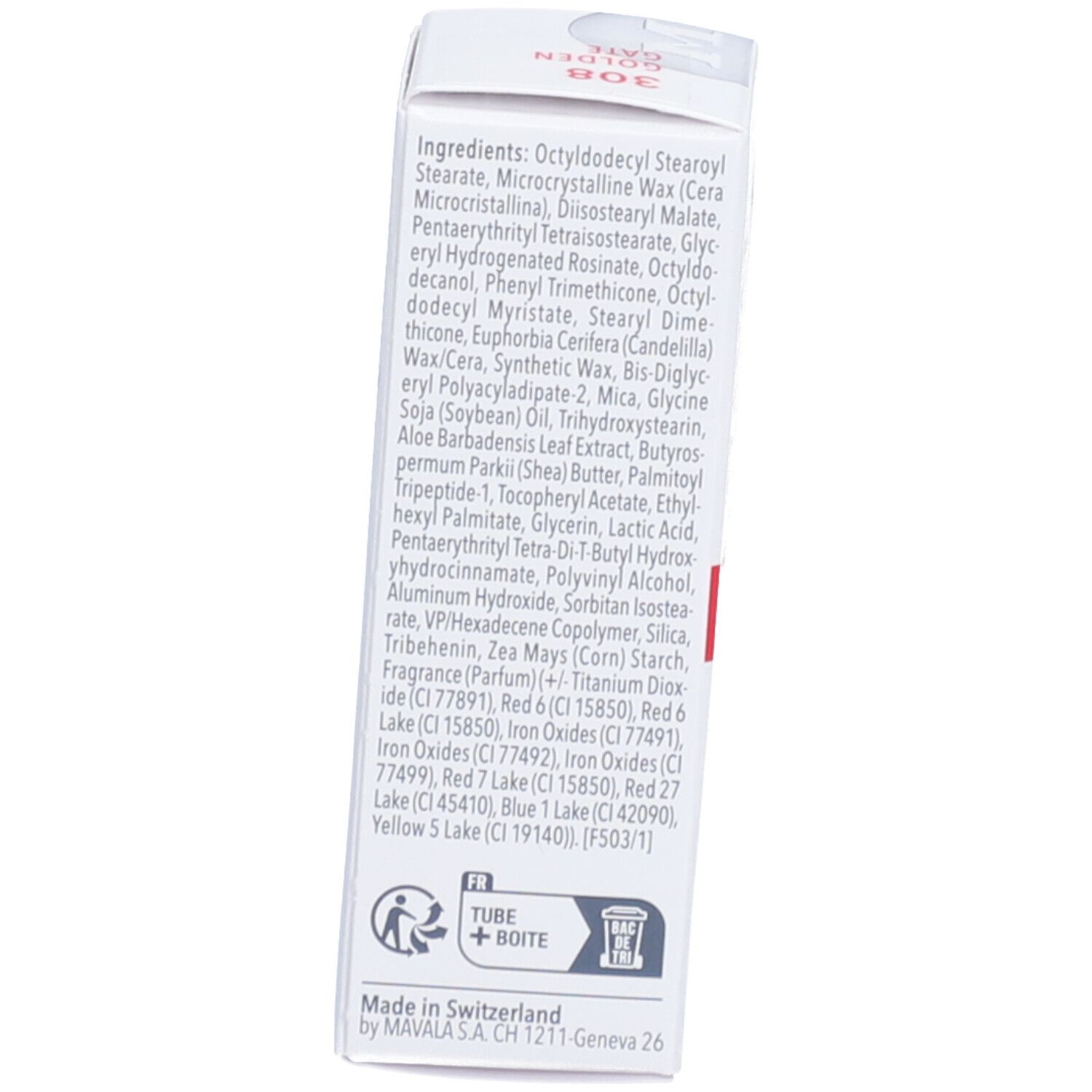 Emballage du rouge à lèvres avec ingrédients et informations du fabricant. Texte multilingue.
