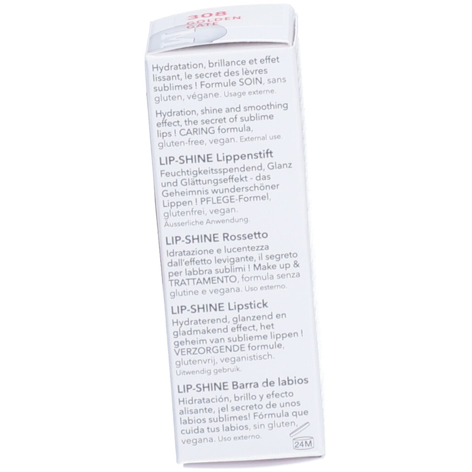 Emballage du rouge à lèvres avec informations produit multilingues. Texte multilingue.