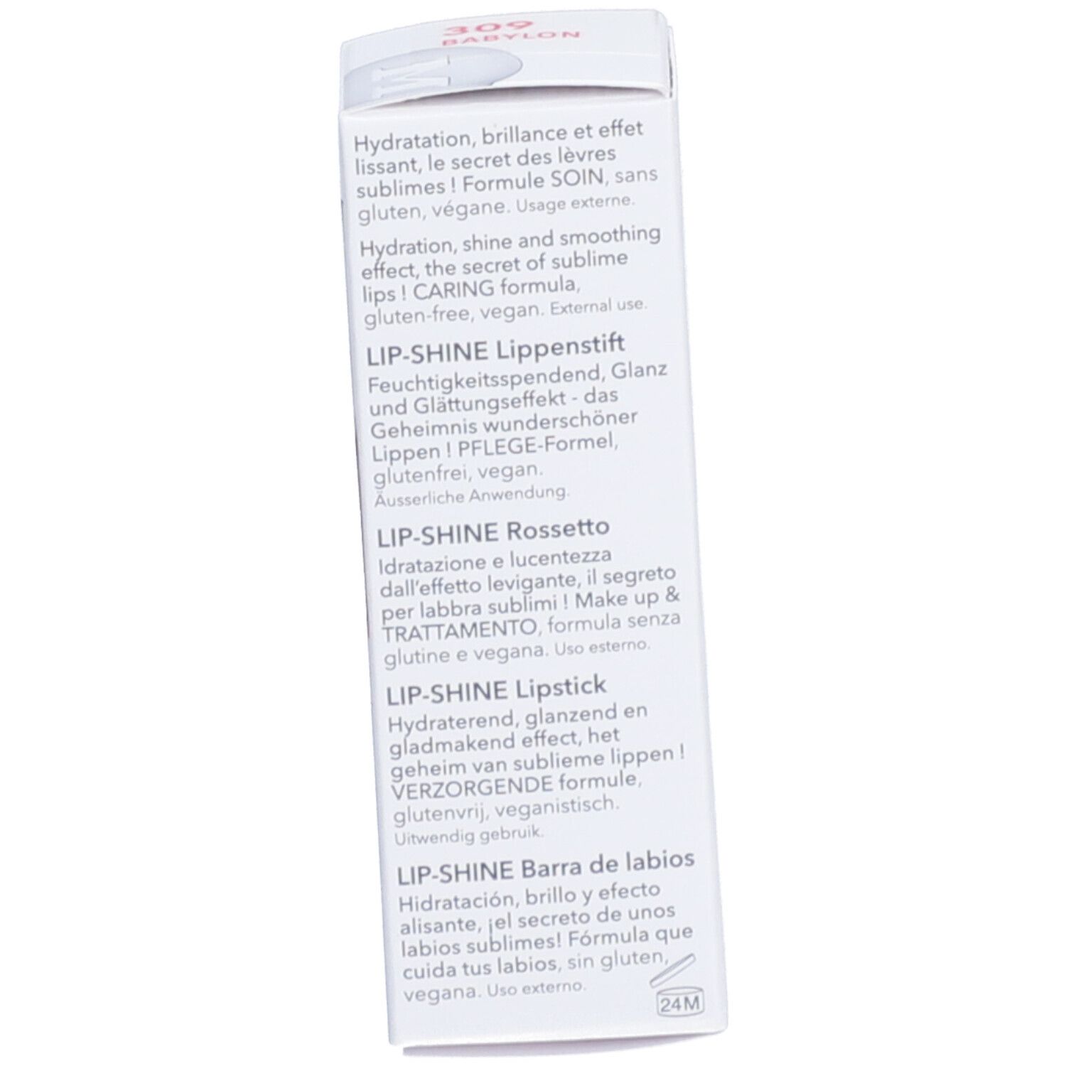 Côté de l'emballage du rouge à lèvres. Texte en plusieurs langues, nom du produit visible.