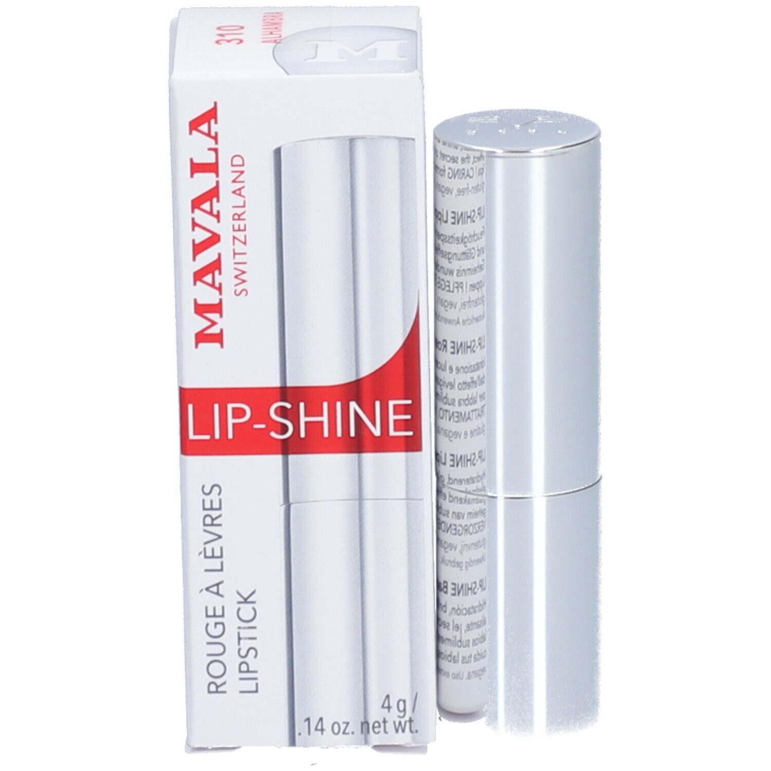 Rouge à lèvres Mavala Lip-Shine avec emballage. Boîte blanche avec accent rouge et nom du produit.