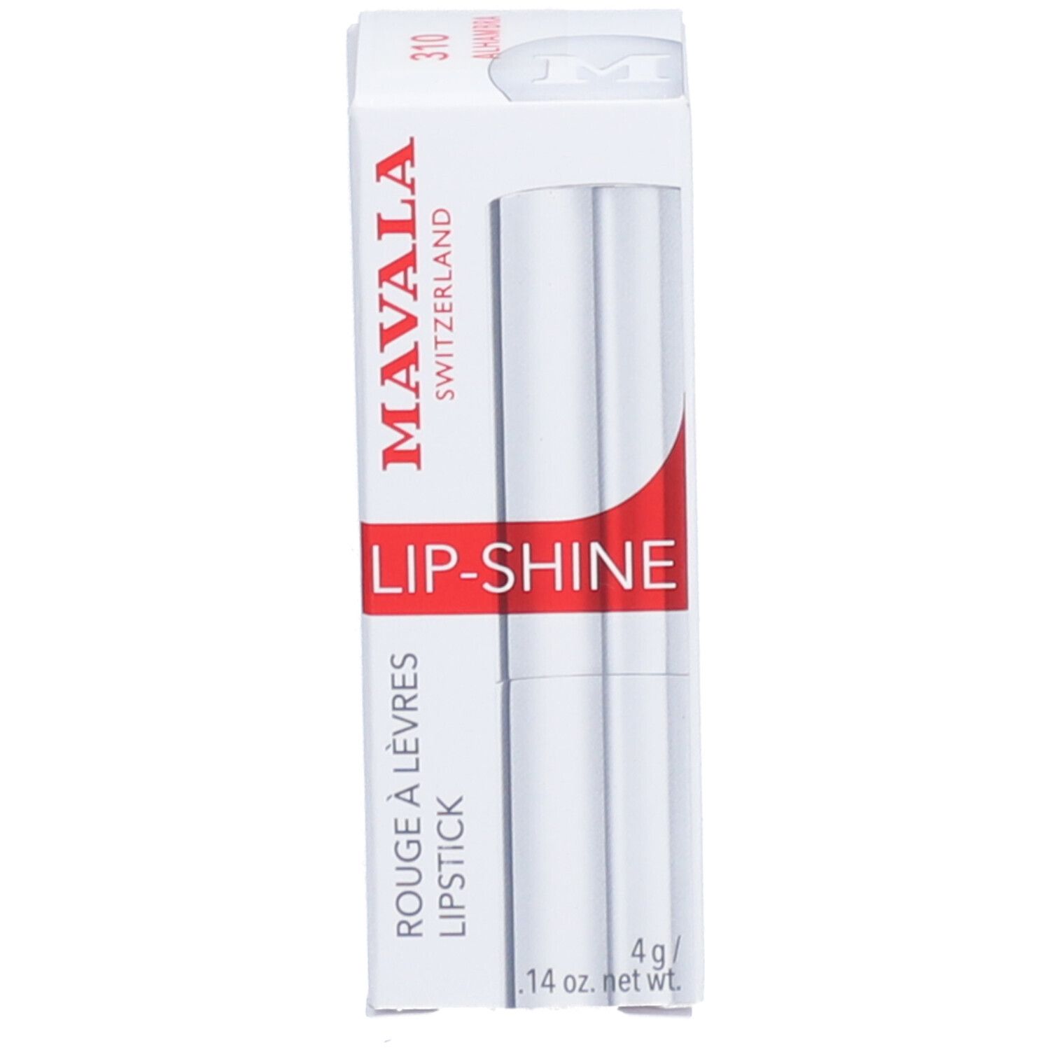 Rouge à lèvres Mavala Lip-Shine avec emballage. Boîte blanche avec accent rouge et nom du produit.
