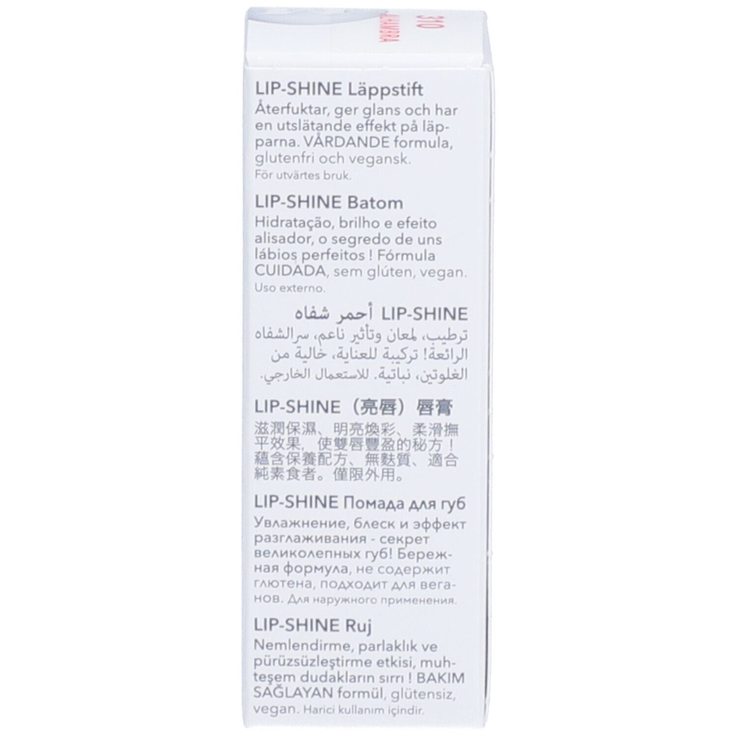 Texte de l'emballage en plusieurs langues. Nom du produit : Lip-Shine. Contient des informations d'utilisation.