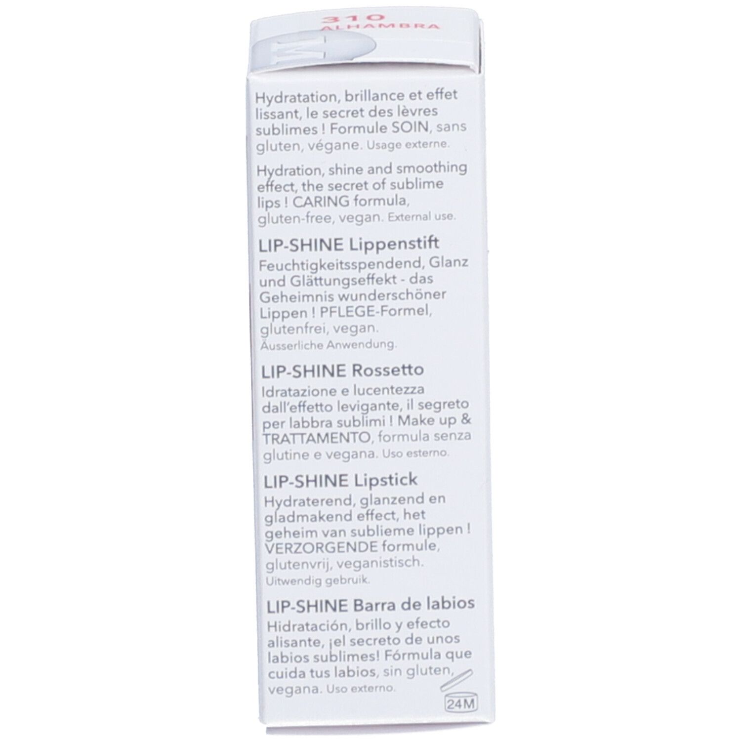 Texte de l'emballage en plusieurs langues. Nom du produit : Lip-Shine. Contient des informations d'utilisation.