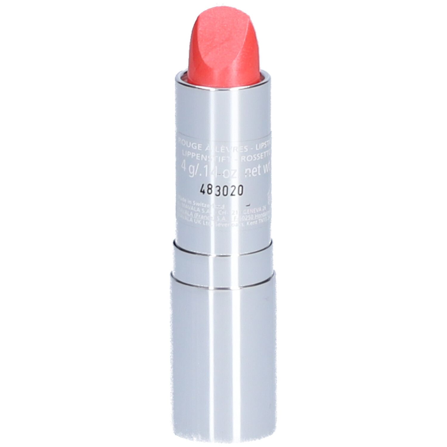 Rouge à lèvres rose dans un tube argenté. Informations textuelles sur le tube.