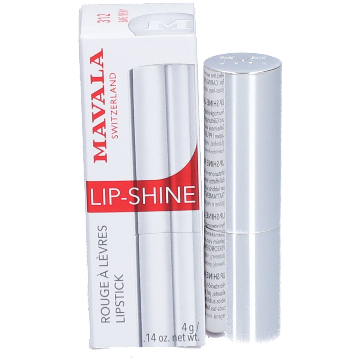 Emballage blanc avec rouge à lèvres et étui argenté. Imprimé : MAVALA, LIP-SHINE, Rouge à lèvres, Lipstick.